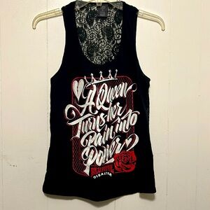 “Beautiful Disaster” Quote Screen-Print Black & Red Women's Tank, Open-BackLace